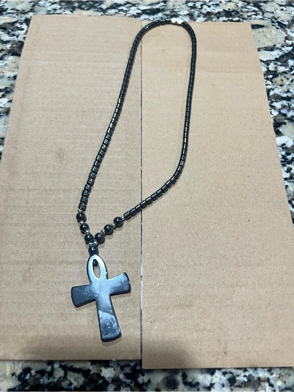 Hematite Cross Pendant Necklace - Dark Gray